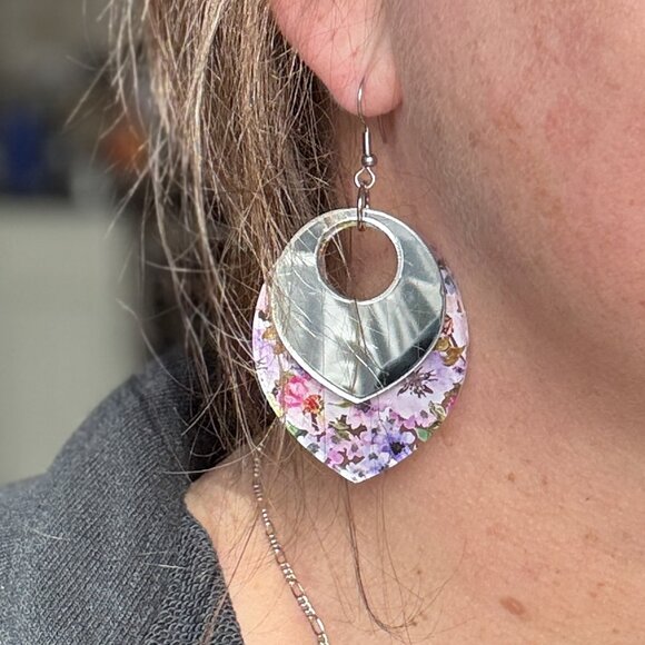 Layered Floral Acrylic Earrings – Mirrored Top Dangle Earrings – Statement - Picture 1 of 11